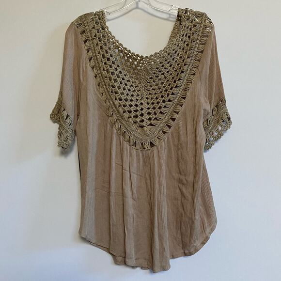 My Emblem Young Contemporary Macrame Crochet Taupe‎ Brown Tunic Blouse M NWT - Picture 4 of 12